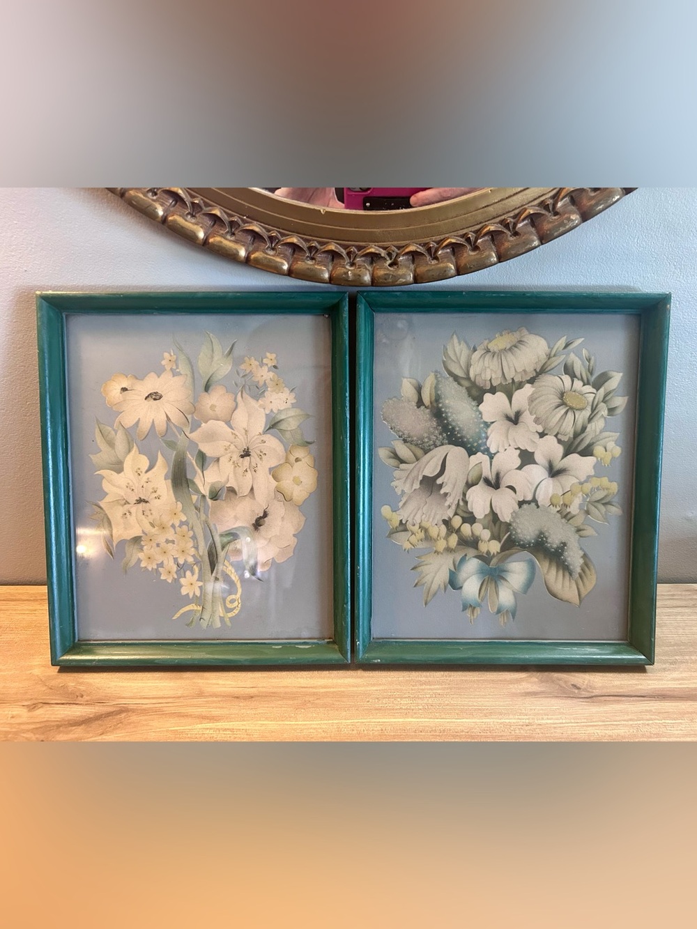 Vintage Teal Floral Wall Art Pair